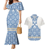Malta Couples Matching Mermaid Dress and Hawaiian Shirt with Blue White Tile Design and Maltese Cross Pattern - Wonder Print Shop