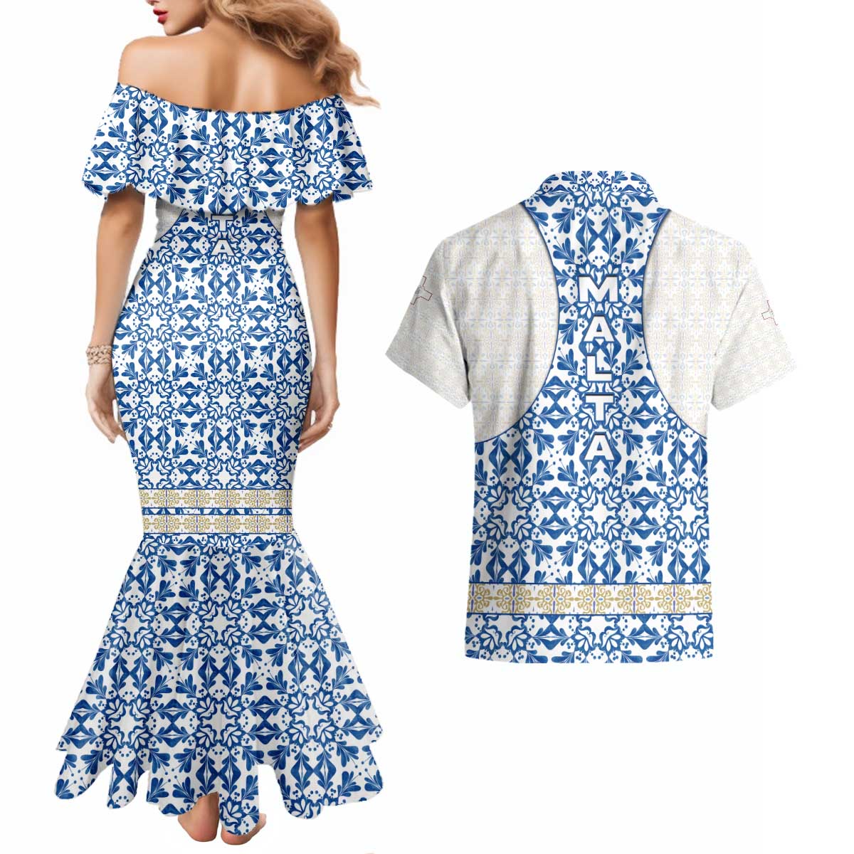 Malta Couples Matching Mermaid Dress and Hawaiian Shirt with Blue White Tile Design and Maltese Cross Pattern - Wonder Print Shop