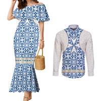 Malta Couples Matching Mermaid Dress and Long Sleeve Button Shirt with Blue White Tile Design and Maltese Cross Pattern - Wonder Print Shop