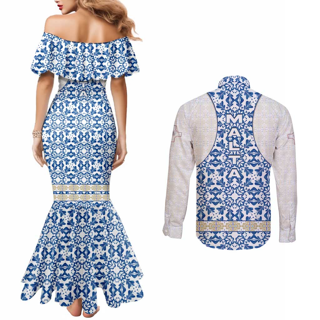 Malta Couples Matching Mermaid Dress and Long Sleeve Button Shirt with Blue White Tile Design and Maltese Cross Pattern - Wonder Print Shop