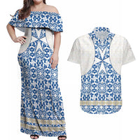 Malta Couples Matching Off Shoulder Maxi Dress and Hawaiian Shirt with Blue White Tile Design and Maltese Cross Pattern - Wonder Print Shop