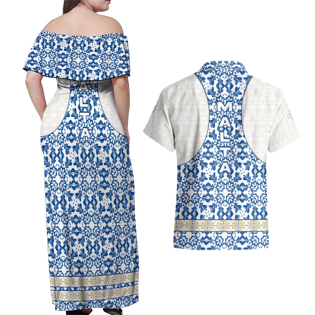 Malta Couples Matching Off Shoulder Maxi Dress and Hawaiian Shirt with Blue White Tile Design and Maltese Cross Pattern - Wonder Print Shop