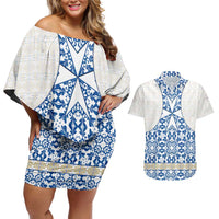 Malta Couples Matching Off Shoulder Short Dress and Hawaiian Shirt with Blue White Tile Design and Maltese Cross Pattern - Wonder Print Shop