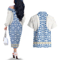 Malta Couples Matching Off The Shoulder Long Sleeve Dress and Hawaiian Shirt with Blue White Tile Design and Maltese Cross Pattern - Wonder Print Shop