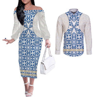 Malta Couples Matching Off The Shoulder Long Sleeve Dress and Long Sleeve Button Shirt with Blue White Tile Design and Maltese Cross Pattern - Wonder Print Shop