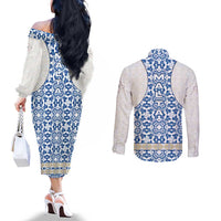 Malta Couples Matching Off The Shoulder Long Sleeve Dress and Long Sleeve Button Shirt with Blue White Tile Design and Maltese Cross Pattern - Wonder Print Shop