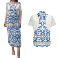 Malta Couples Matching Puletasi and Hawaiian Shirt with Blue White Tile Design and Maltese Cross Pattern - Wonder Print Shop
