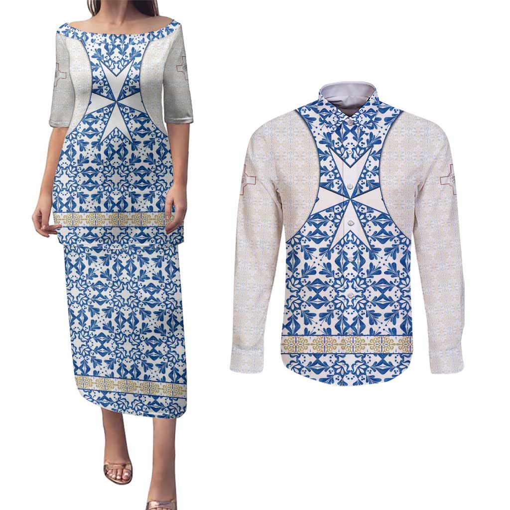 Malta Couples Matching Puletasi and Long Sleeve Button Shirt with Blue White Tile Design and Maltese Cross Pattern - Wonder Print Shop