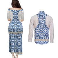 Malta Couples Matching Puletasi and Long Sleeve Button Shirt with Blue White Tile Design and Maltese Cross Pattern - Wonder Print Shop