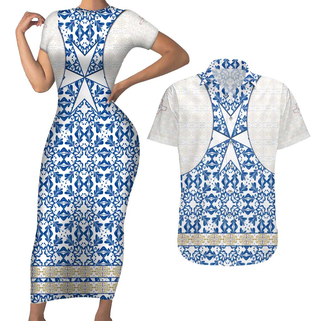 Malta Couples Matching Short Sleeve Bodycon Dress and Hawaiian Shirt with Blue White Tile Design and Maltese Cross Pattern - Wonder Print Shop