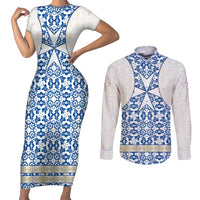 Malta Couples Matching Short Sleeve Bodycon Dress and Long Sleeve Button Shirt with Blue White Tile Design and Maltese Cross Pattern - Wonder Print Shop