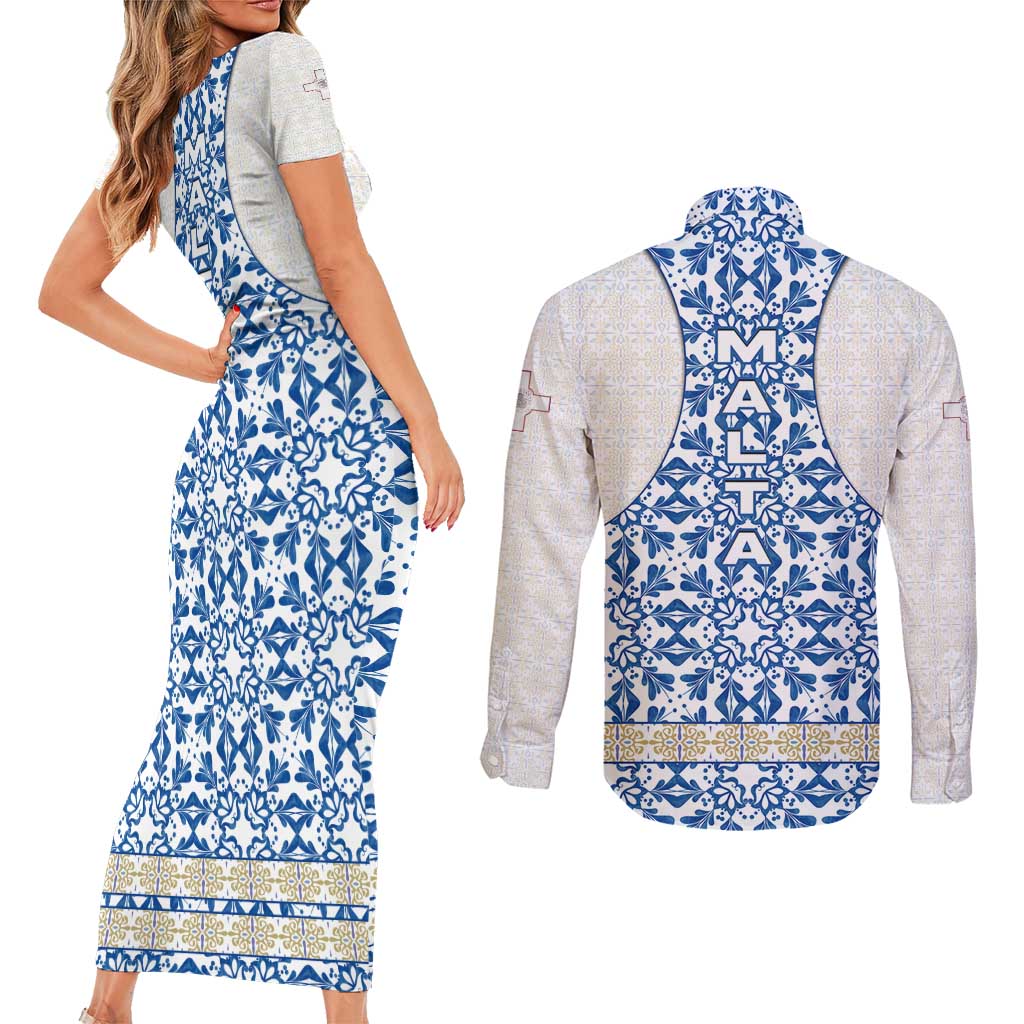 Malta Couples Matching Short Sleeve Bodycon Dress and Long Sleeve Button Shirt with Blue White Tile Design and Maltese Cross Pattern - Wonder Print Shop