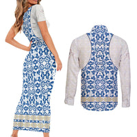 Malta Couples Matching Short Sleeve Bodycon Dress and Long Sleeve Button Shirt with Blue White Tile Design and Maltese Cross Pattern - Wonder Print Shop