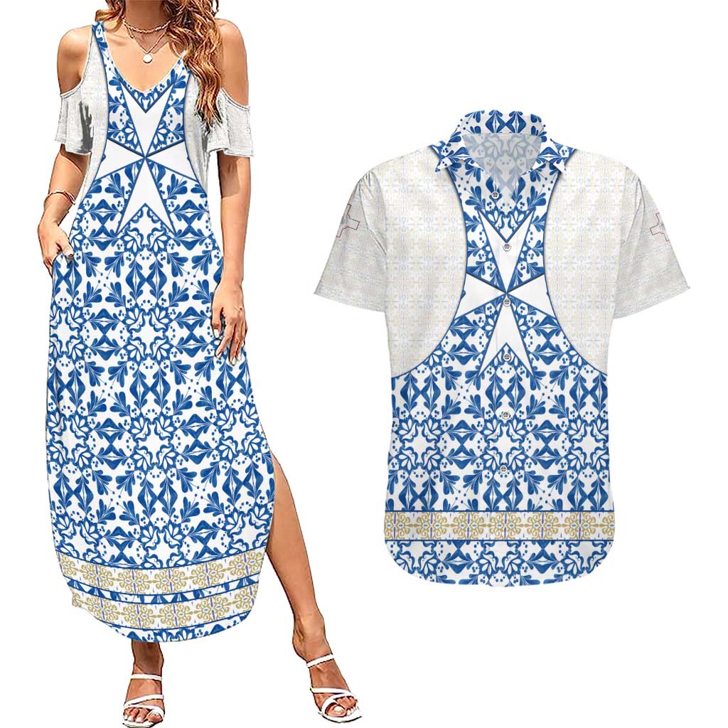 Malta Couples Matching Summer Maxi Dress and Hawaiian Shirt with Blue White Tile Design and Maltese Cross Pattern - Wonder Print Shop