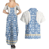 Malta Couples Matching Summer Maxi Dress and Hawaiian Shirt with Blue White Tile Design and Maltese Cross Pattern - Wonder Print Shop