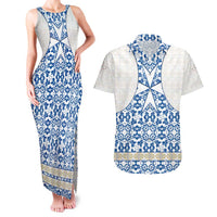 Malta Couples Matching Tank Maxi Dress and Hawaiian Shirt with Blue White Tile Design and Maltese Cross Pattern - Wonder Print Shop