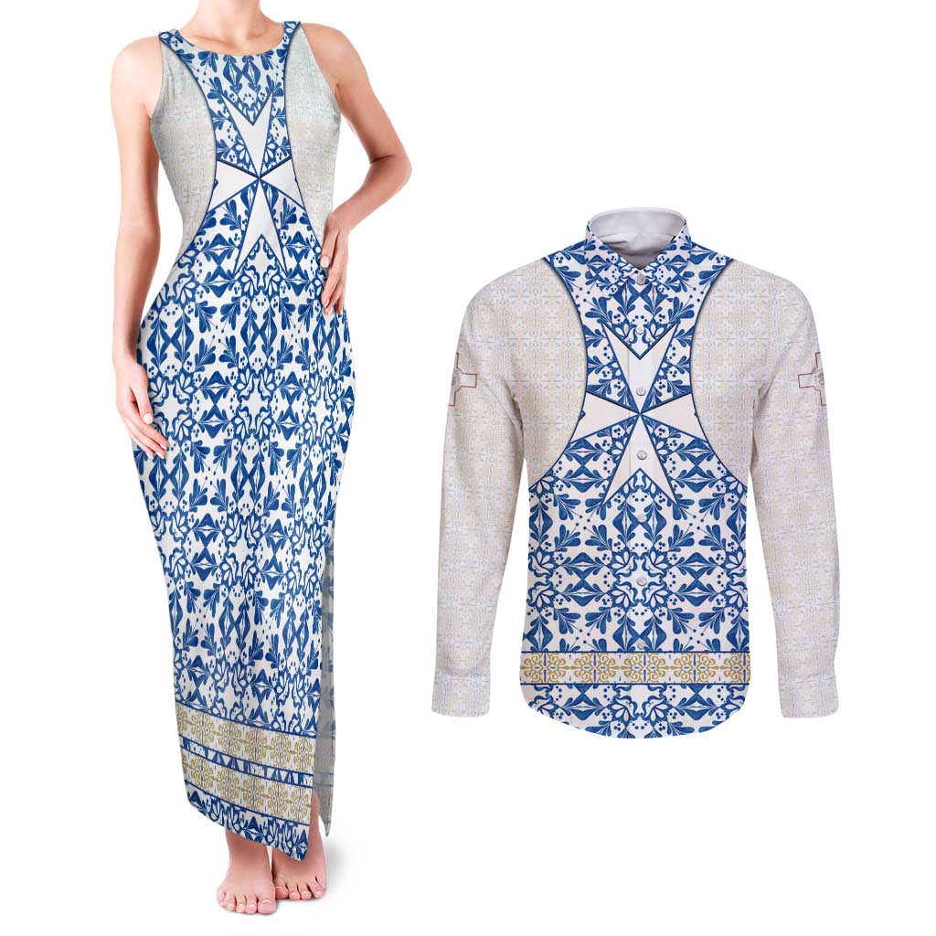 Malta Couples Matching Tank Maxi Dress and Long Sleeve Button Shirt with Blue White Tile Design and Maltese Cross Pattern - Wonder Print Shop