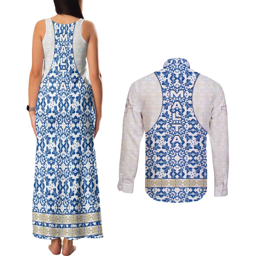 Malta Couples Matching Tank Maxi Dress and Long Sleeve Button Shirt with Blue White Tile Design and Maltese Cross Pattern - Wonder Print Shop