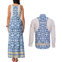 Malta Couples Matching Tank Maxi Dress and Long Sleeve Button Shirt with Blue White Tile Design and Maltese Cross Pattern - Wonder Print Shop