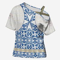 Malta Cross Shoulder Shirt with Blue White Tile Design and Maltese Cross Pattern - Wonder Print Shop
