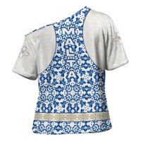 Malta Cross Shoulder Shirt with Blue White Tile Design and Maltese Cross Pattern - Wonder Print Shop