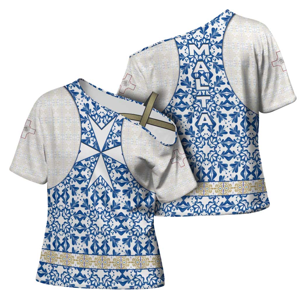 Malta Cross Shoulder Shirt with Blue White Tile Design and Maltese Cross Pattern - Wonder Print Shop