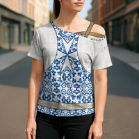 Malta Cross Shoulder Shirt with Blue White Tile Design and Maltese Cross Pattern - Wonder Print Shop