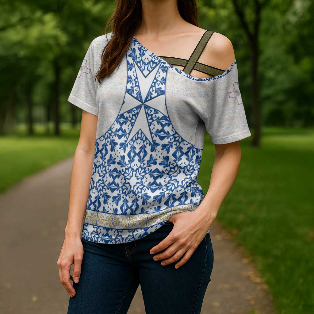 Malta Cross Shoulder Shirt with Blue White Tile Design and Maltese Cross Pattern - Wonder Print Shop