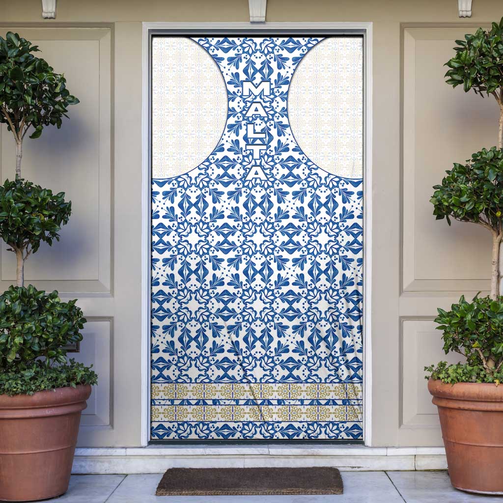 Malta Door Cover with Blue White Tile Design and Maltese Cross Pattern - Wonder Print Shop