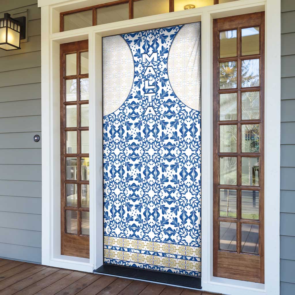 Malta Door Cover with Blue White Tile Design and Maltese Cross Pattern - Wonder Print Shop