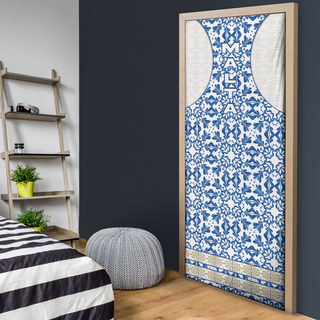 Malta Door Cover with Blue White Tile Design and Maltese Cross Pattern - Wonder Print Shop