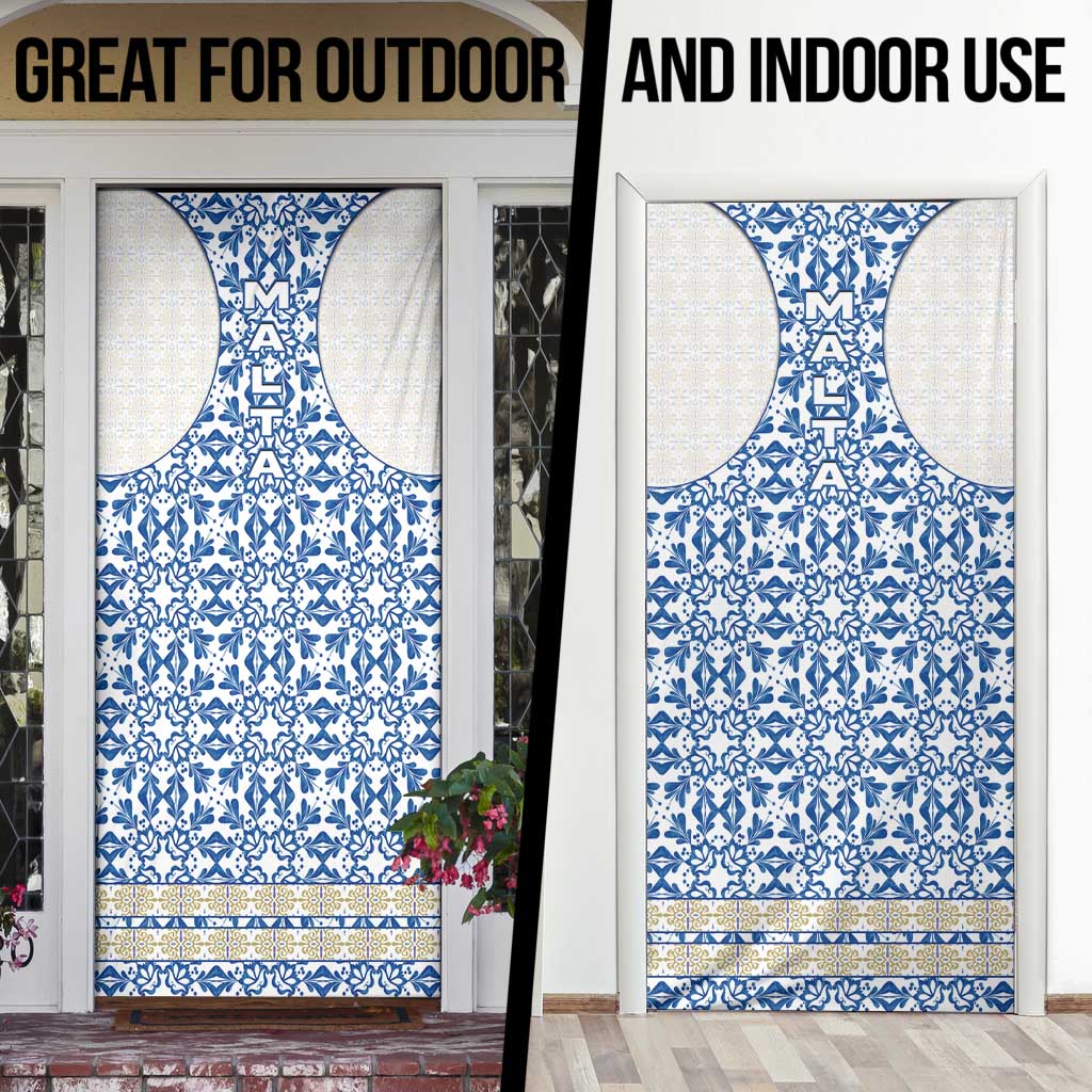 Malta Door Cover with Blue White Tile Design and Maltese Cross Pattern - Wonder Print Shop