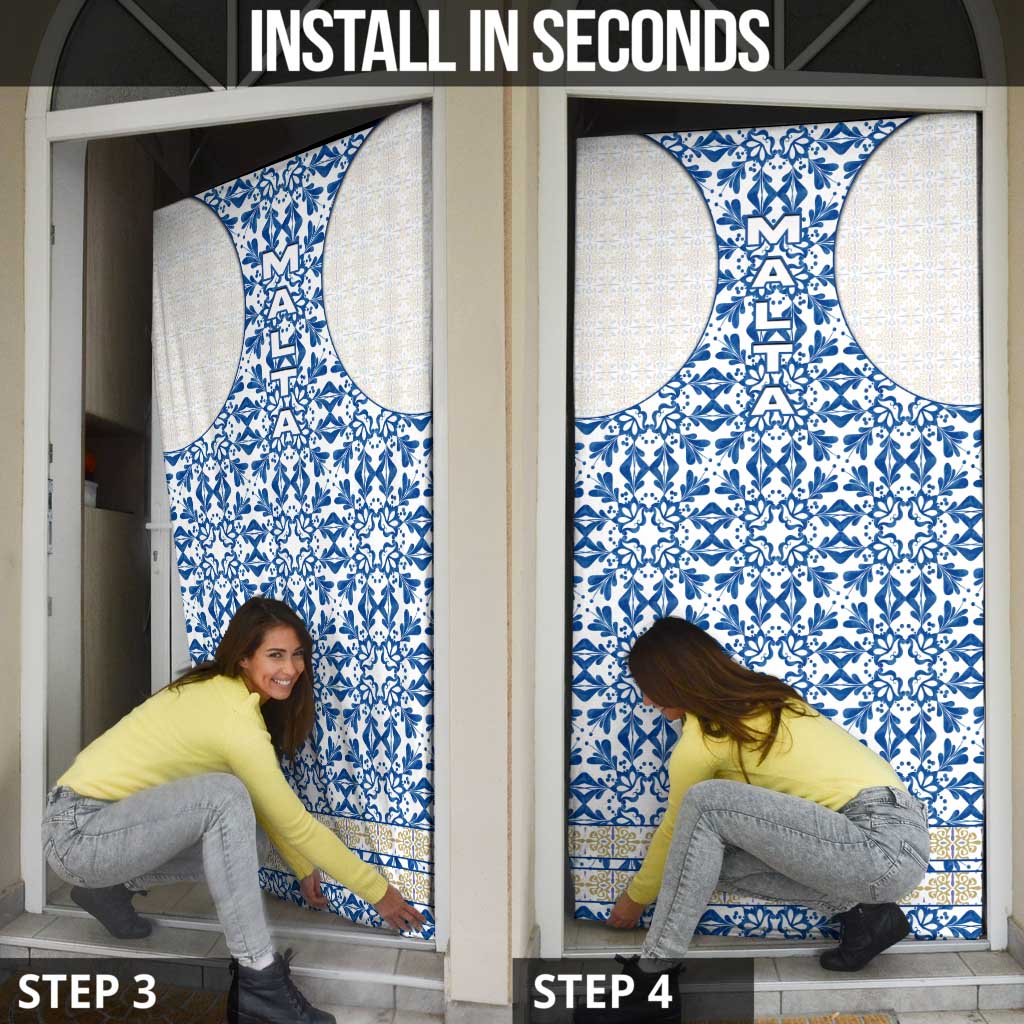 Malta Door Cover with Blue White Tile Design and Maltese Cross Pattern - Wonder Print Shop