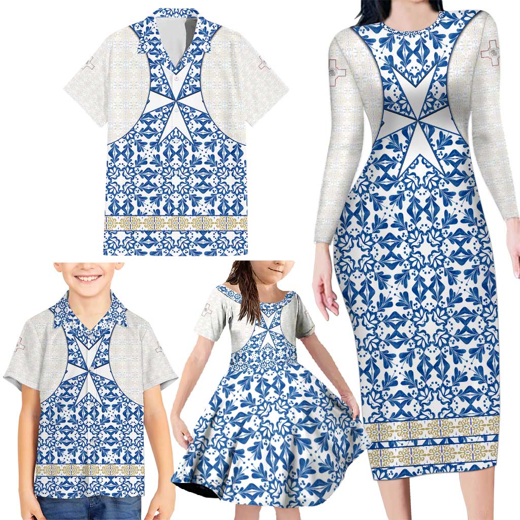 Malta Family Matching Long Sleeve Bodycon Dress and Hawaiian Shirt with Blue White Tile Design and Maltese Cross Pattern - Wonder Print Shop