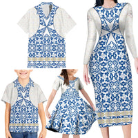 Malta Family Matching Long Sleeve Bodycon Dress and Hawaiian Shirt with Blue White Tile Design and Maltese Cross Pattern - Wonder Print Shop
