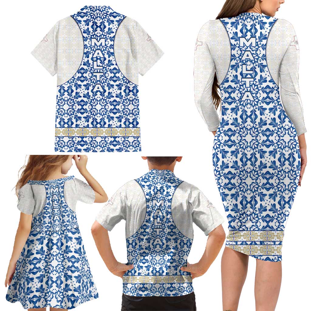 Malta Family Matching Long Sleeve Bodycon Dress and Hawaiian Shirt with Blue White Tile Design and Maltese Cross Pattern - Wonder Print Shop