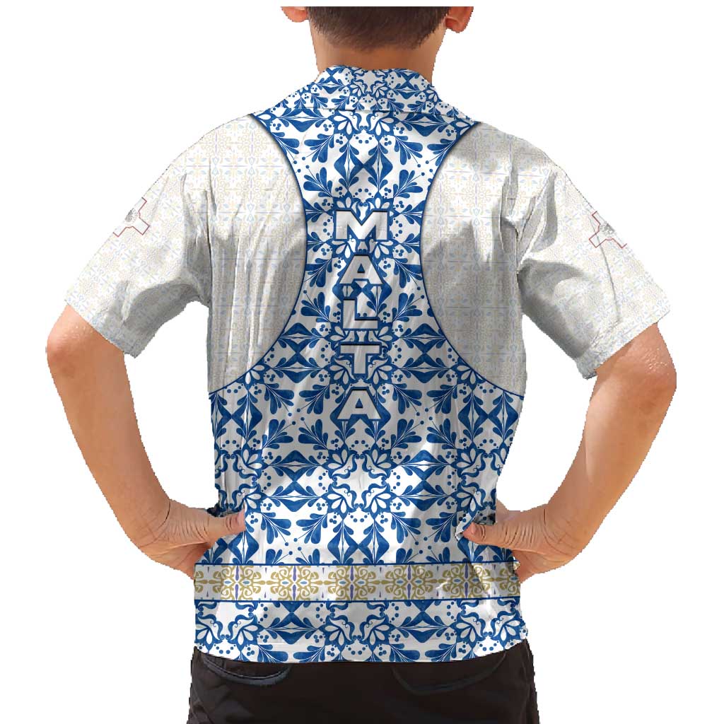 Malta Family Matching Mermaid Dress and Hawaiian Shirt with Blue White Tile Design and Maltese Cross Pattern - Wonder Print Shop