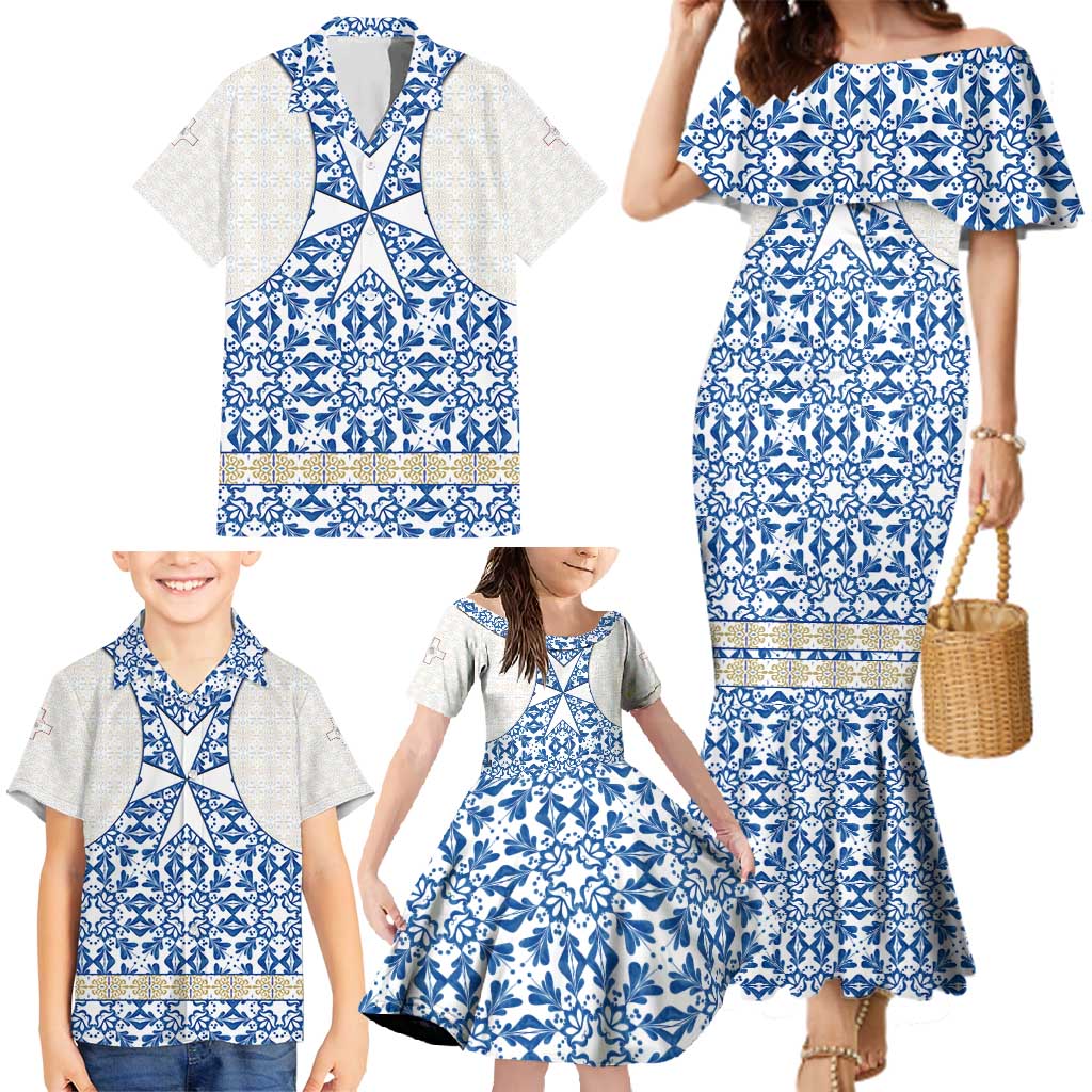 Malta Family Matching Mermaid Dress and Hawaiian Shirt with Blue White Tile Design and Maltese Cross Pattern - Wonder Print Shop