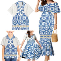 Malta Family Matching Mermaid Dress and Hawaiian Shirt with Blue White Tile Design and Maltese Cross Pattern - Wonder Print Shop
