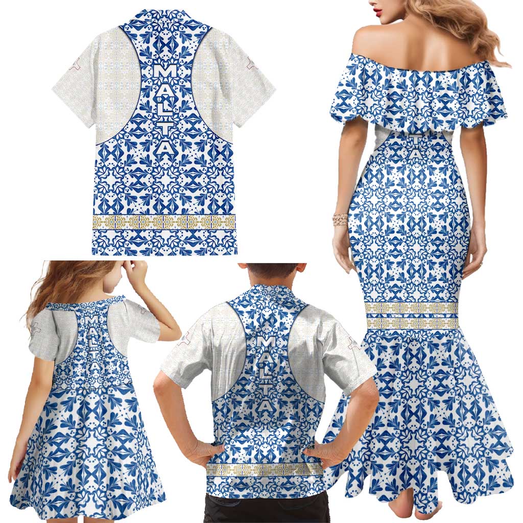 Malta Family Matching Mermaid Dress and Hawaiian Shirt with Blue White Tile Design and Maltese Cross Pattern - Wonder Print Shop