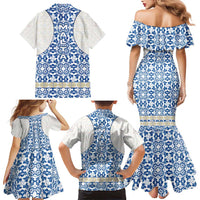 Malta Family Matching Mermaid Dress and Hawaiian Shirt with Blue White Tile Design and Maltese Cross Pattern - Wonder Print Shop