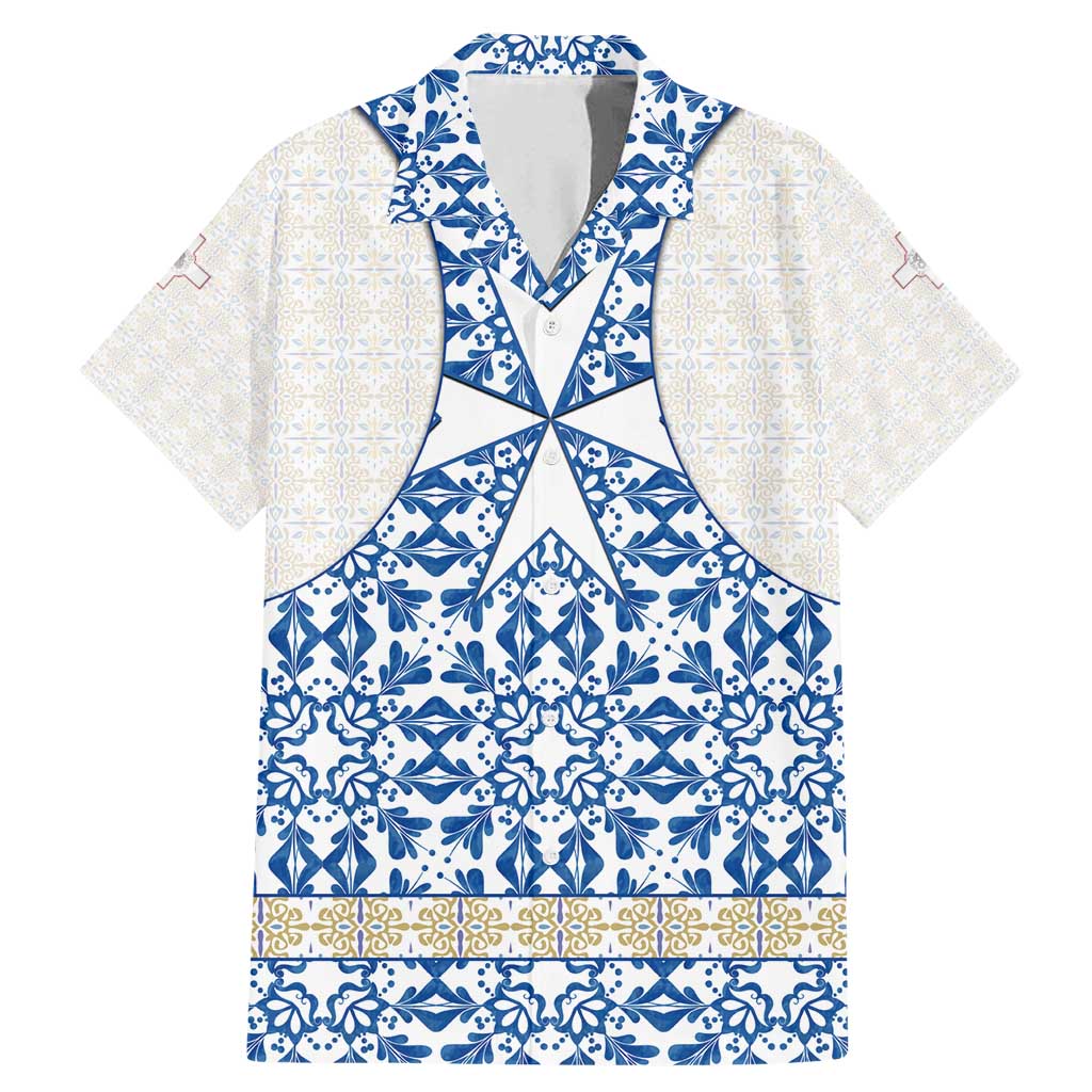 Malta Family Matching Mermaid Dress and Hawaiian Shirt with Blue White Tile Design and Maltese Cross Pattern - Wonder Print Shop