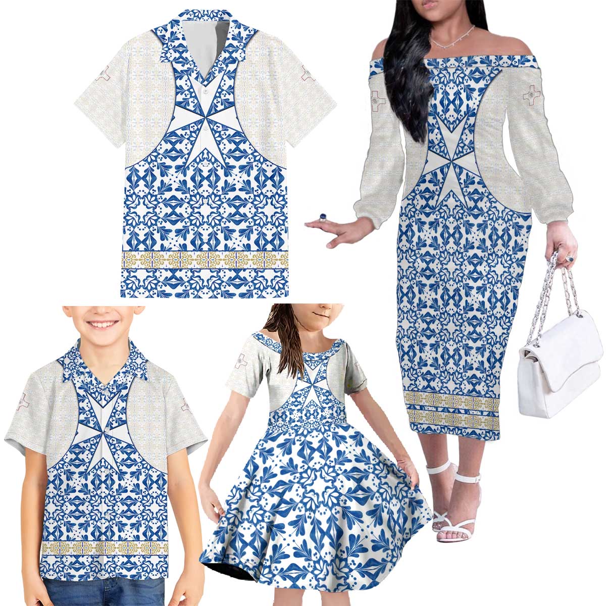 Malta Family Matching Off The Shoulder Long Sleeve Dress and Hawaiian Shirt with Blue White Tile Design and Maltese Cross Pattern - Wonder Print Shop