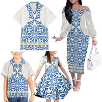 Malta Family Matching Off The Shoulder Long Sleeve Dress and Hawaiian Shirt with Blue White Tile Design and Maltese Cross Pattern - Wonder Print Shop