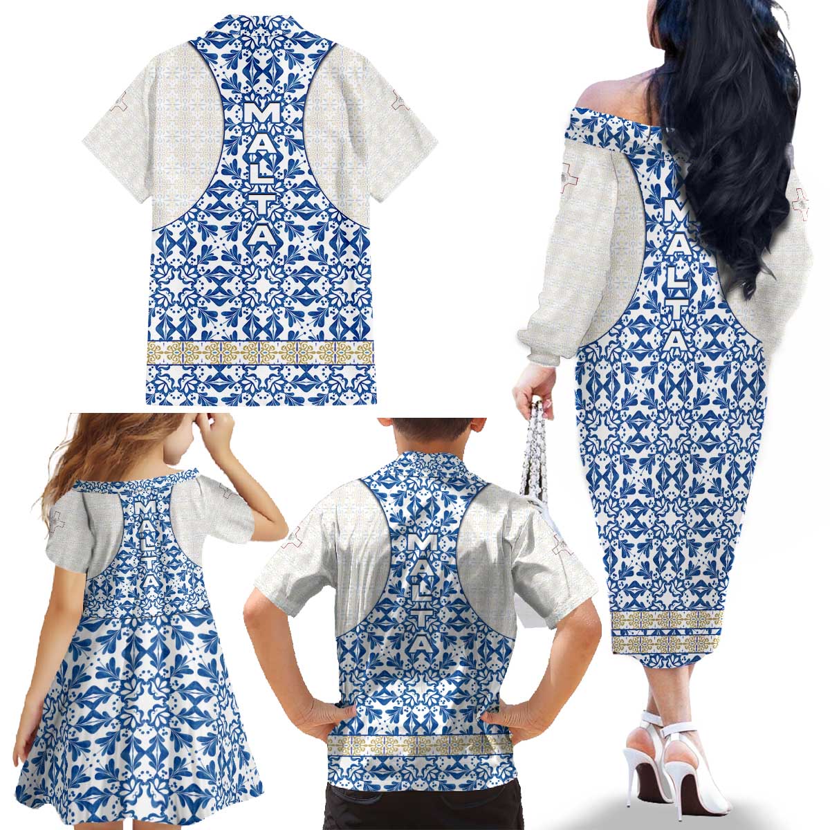 Malta Family Matching Off The Shoulder Long Sleeve Dress and Hawaiian Shirt with Blue White Tile Design and Maltese Cross Pattern - Wonder Print Shop
