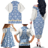 Malta Family Matching Off The Shoulder Long Sleeve Dress and Hawaiian Shirt with Blue White Tile Design and Maltese Cross Pattern - Wonder Print Shop