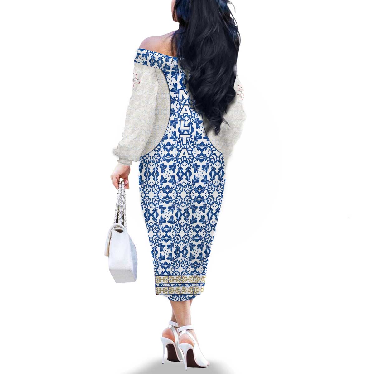 Malta Family Matching Off The Shoulder Long Sleeve Dress and Hawaiian Shirt with Blue White Tile Design and Maltese Cross Pattern - Wonder Print Shop