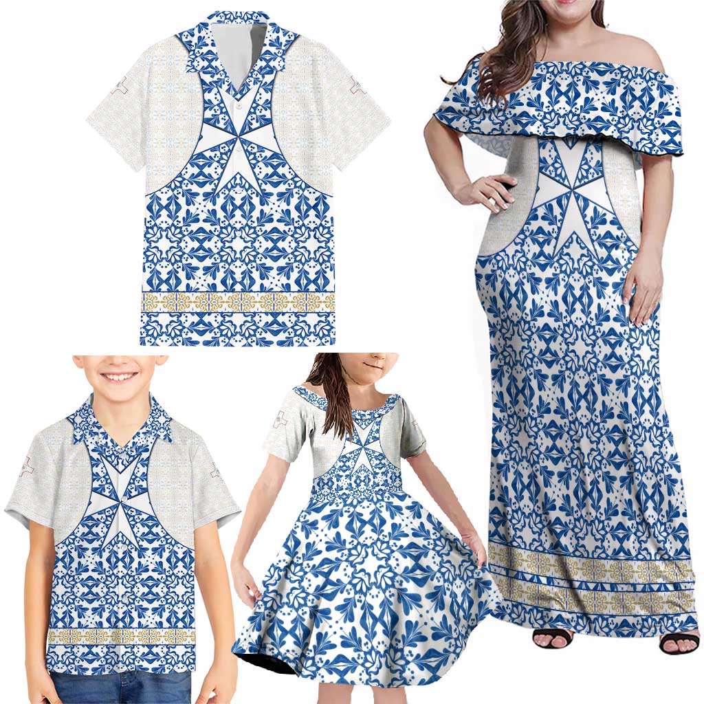 Malta Family Matching Off Shoulder Maxi Dress and Hawaiian Shirt with Blue White Tile Design and Maltese Cross Pattern - Wonder Print Shop