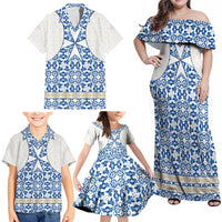Malta Family Matching Off Shoulder Maxi Dress and Hawaiian Shirt with Blue White Tile Design and Maltese Cross Pattern - Wonder Print Shop
