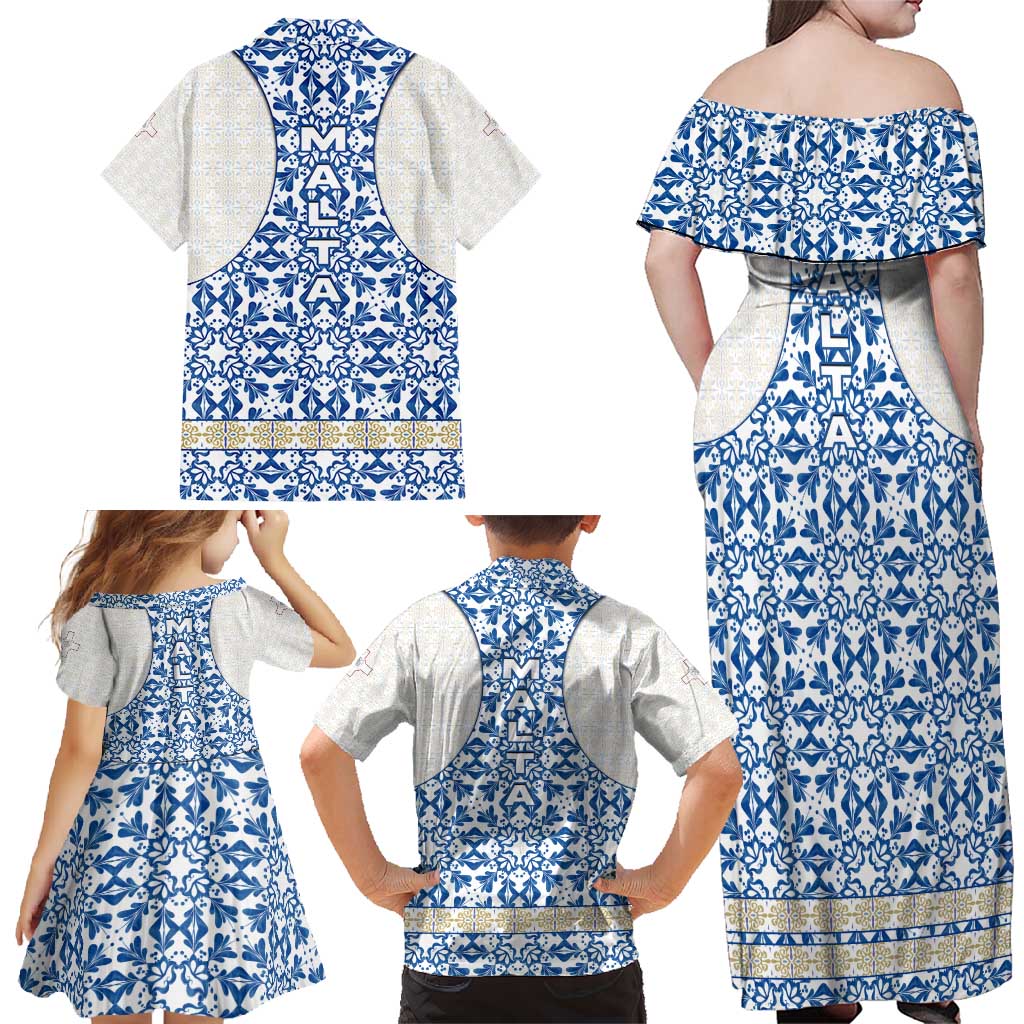 Malta Family Matching Off Shoulder Maxi Dress and Hawaiian Shirt with Blue White Tile Design and Maltese Cross Pattern - Wonder Print Shop